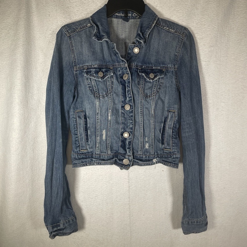 American Eagle Women Distressed Denim Trucker Jacket Blue Size M